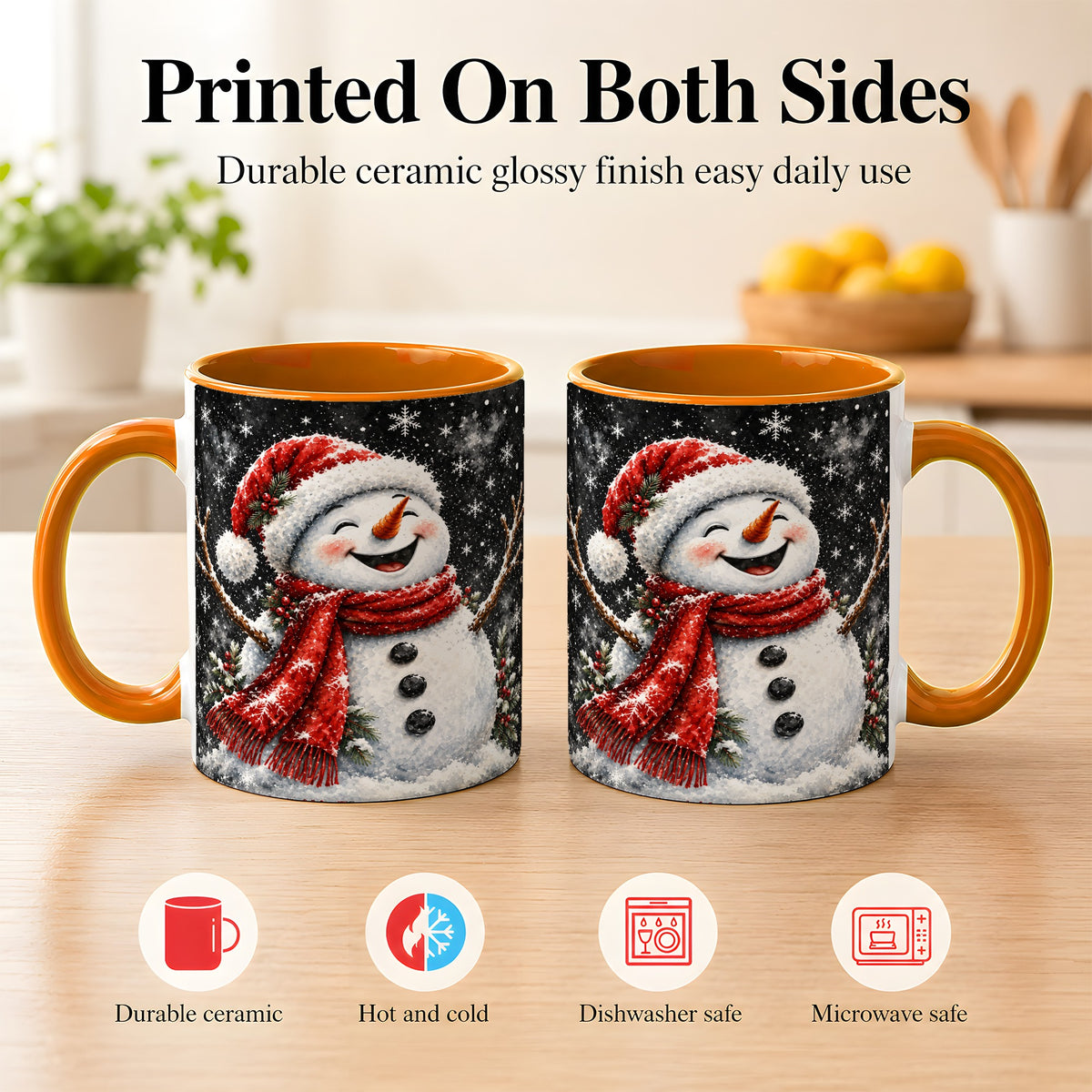 #pl[11oz|Orange] Watercolor Snowman Coffee Mug, Red Scarf Winter Mug, Ceramic Cup