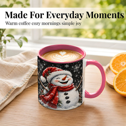 #pl[11oz|Pink] Watercolor Snowman Coffee Mug, Red Scarf Winter Mug, Ceramic Cup