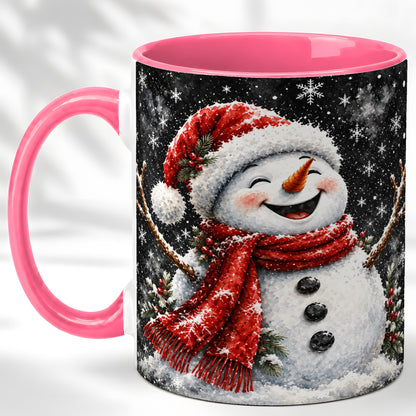 #pl[11oz|Pink] Watercolor Snowman Coffee Mug, Red Scarf Winter Mug, Ceramic Cup