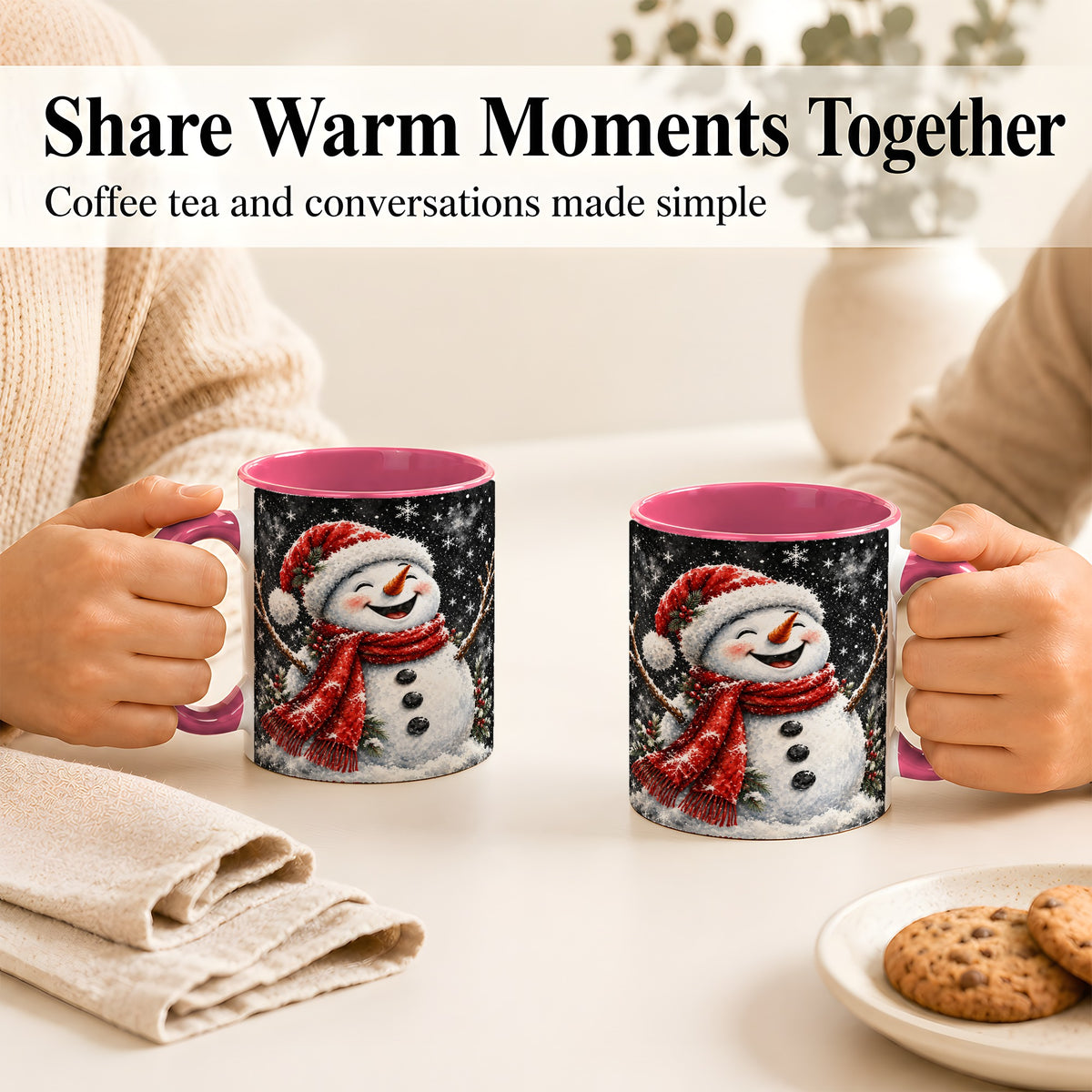 #pl[11oz|Pink] Watercolor Snowman Coffee Mug, Red Scarf Winter Mug, Ceramic Cup