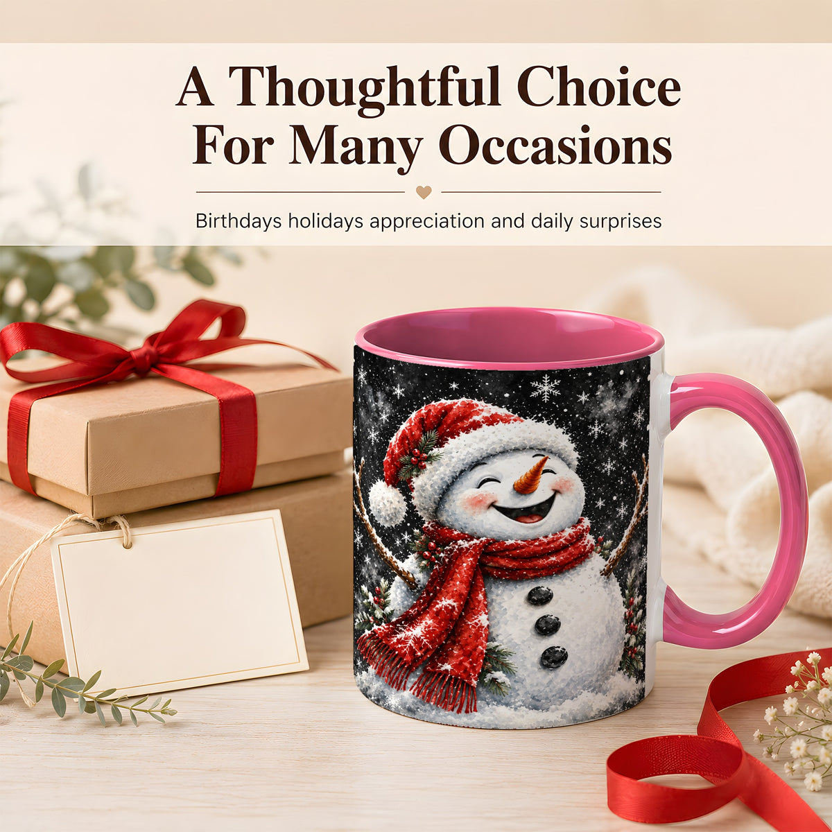 #pl[11oz|Pink] Watercolor Snowman Coffee Mug, Red Scarf Winter Mug, Ceramic Cup