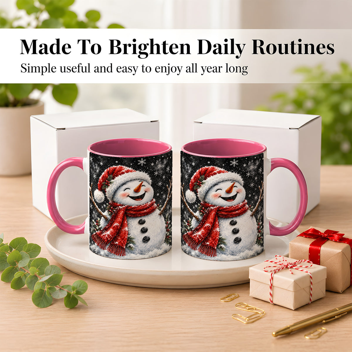 #pl[11oz|Pink] Watercolor Snowman Coffee Mug, Red Scarf Winter Mug, Ceramic Cup