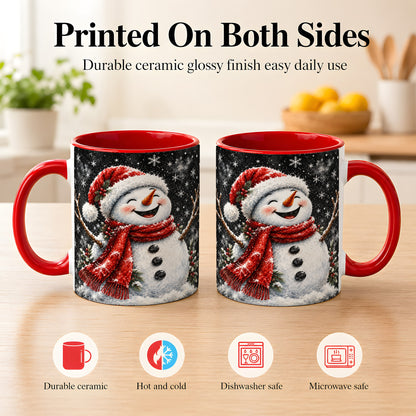 #pl[11oz|Red] Watercolor Snowman Coffee Mug, Red Scarf Winter Mug, Ceramic Cup