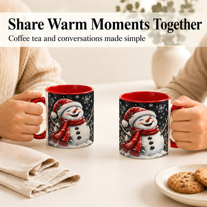 #pl[11oz|Red] Watercolor Snowman Coffee Mug, Red Scarf Winter Mug, Ceramic Cup