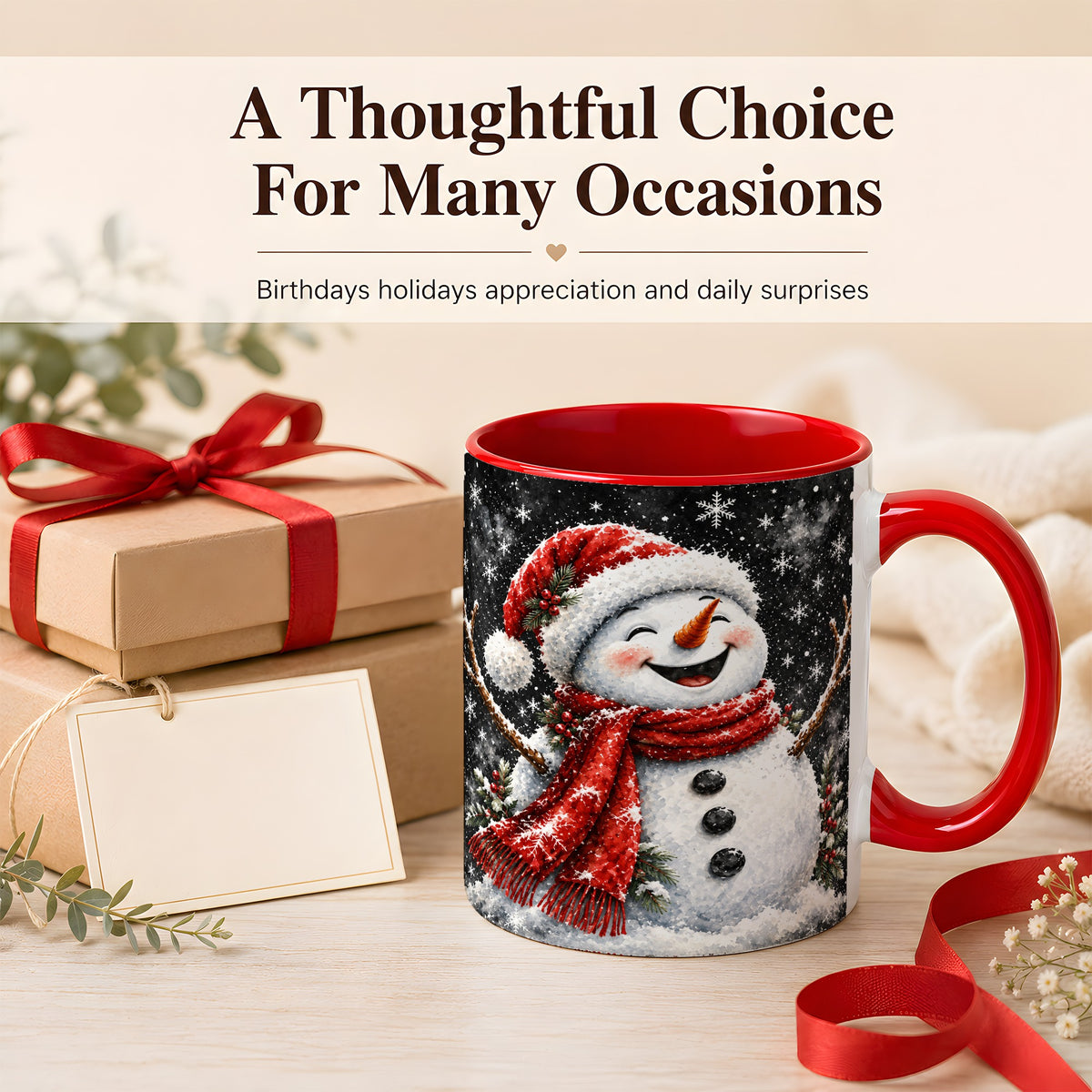 #pl[11oz|Red] Watercolor Snowman Coffee Mug, Red Scarf Winter Mug, Ceramic Cup