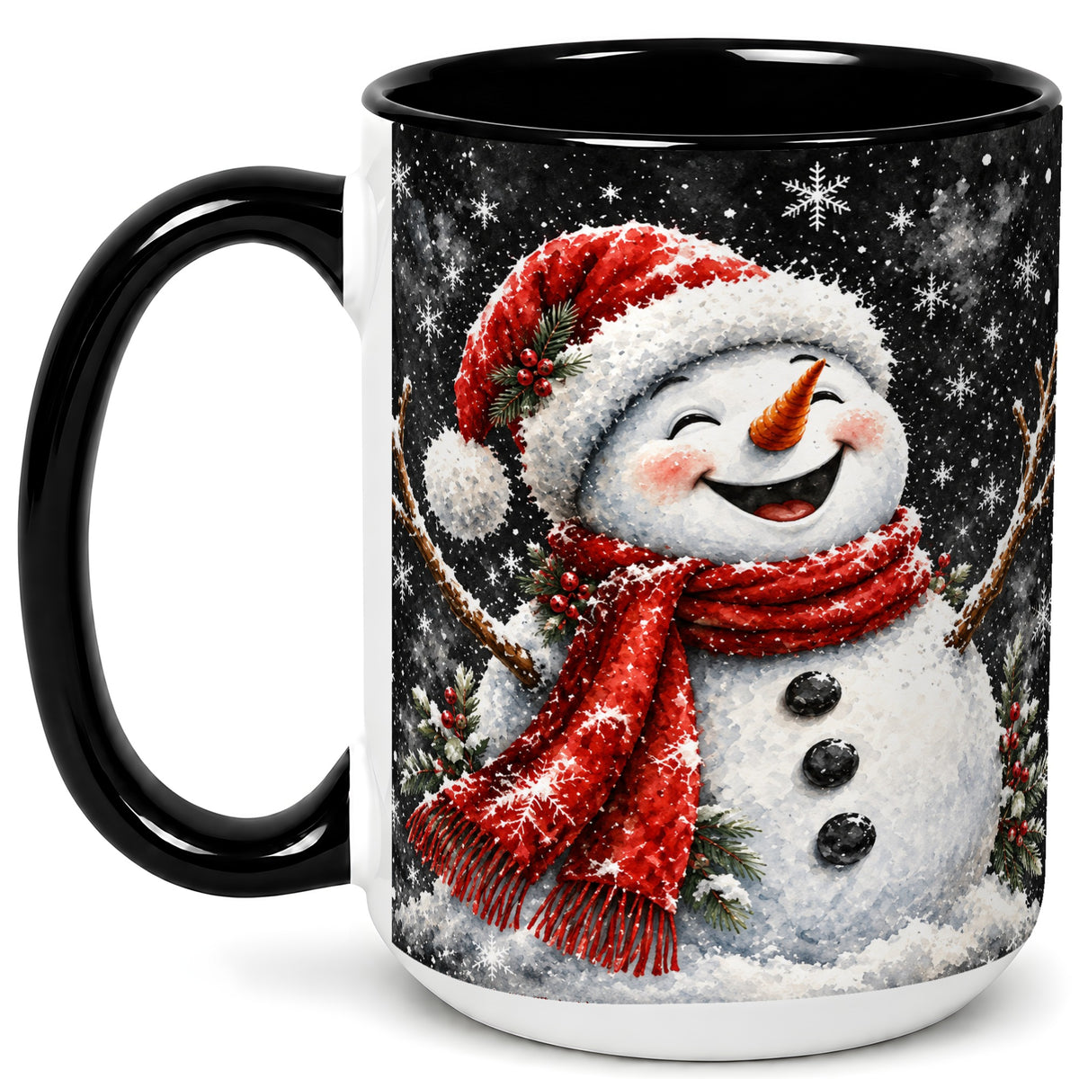 #pl[15oz|Black] Watercolor Snowman Coffee Mug, Red Scarf Winter Mug, Ceramic Cup