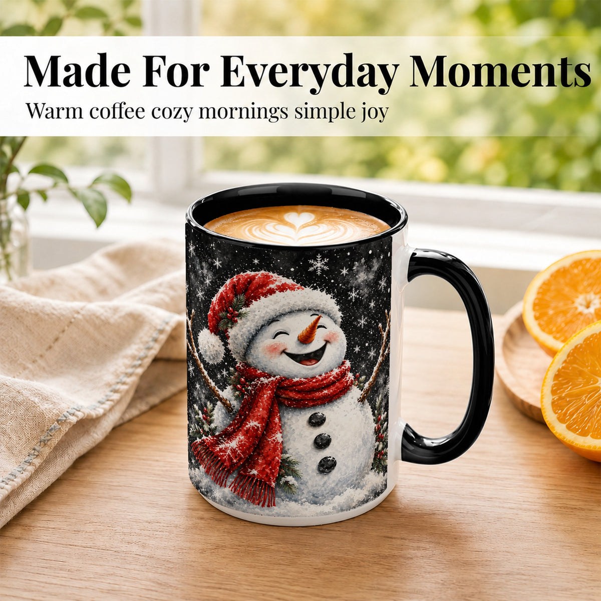 #pl[15oz|Black] Watercolor Snowman Coffee Mug, Red Scarf Winter Mug, Ceramic Cup