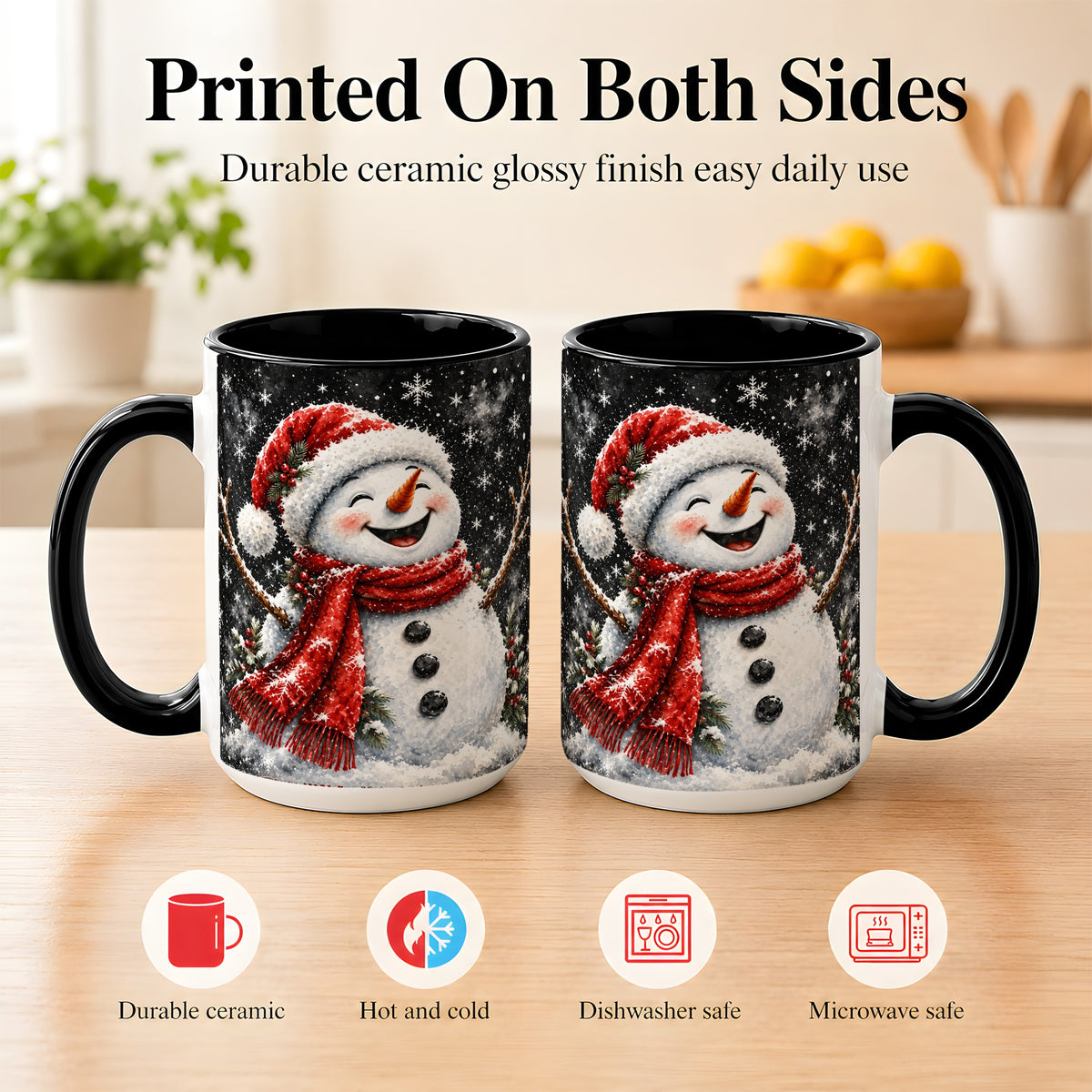 #pl[15oz|Black] Watercolor Snowman Coffee Mug, Red Scarf Winter Mug, Ceramic Cup