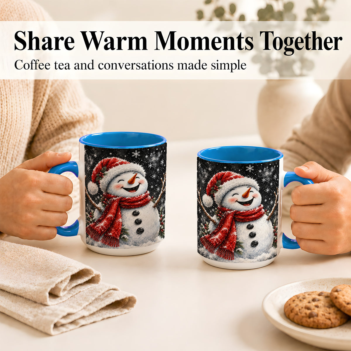 #pl[15oz|Blue] Watercolor Snowman Coffee Mug, Red Scarf Winter Mug, Ceramic Cup