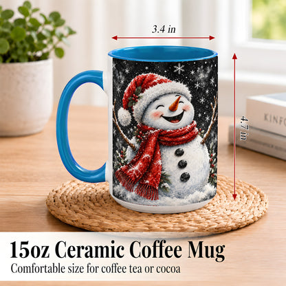 #pl[15oz|Blue] Watercolor Snowman Coffee Mug, Red Scarf Winter Mug, Ceramic Cup
