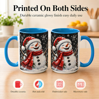 #pl[15oz|Blue] Watercolor Snowman Coffee Mug, Red Scarf Winter Mug, Ceramic Cup