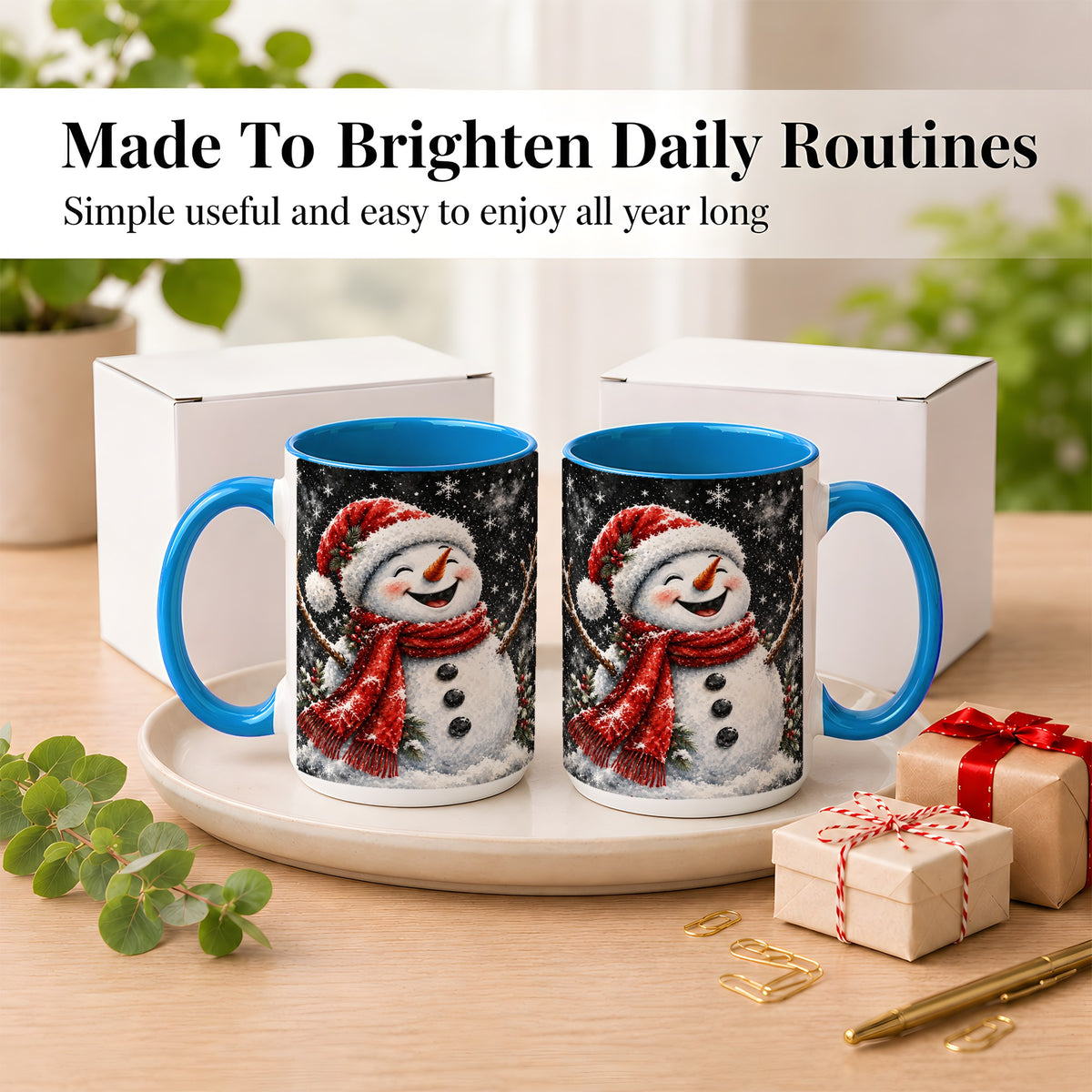 #pl[15oz|Blue] Watercolor Snowman Coffee Mug, Red Scarf Winter Mug, Ceramic Cup