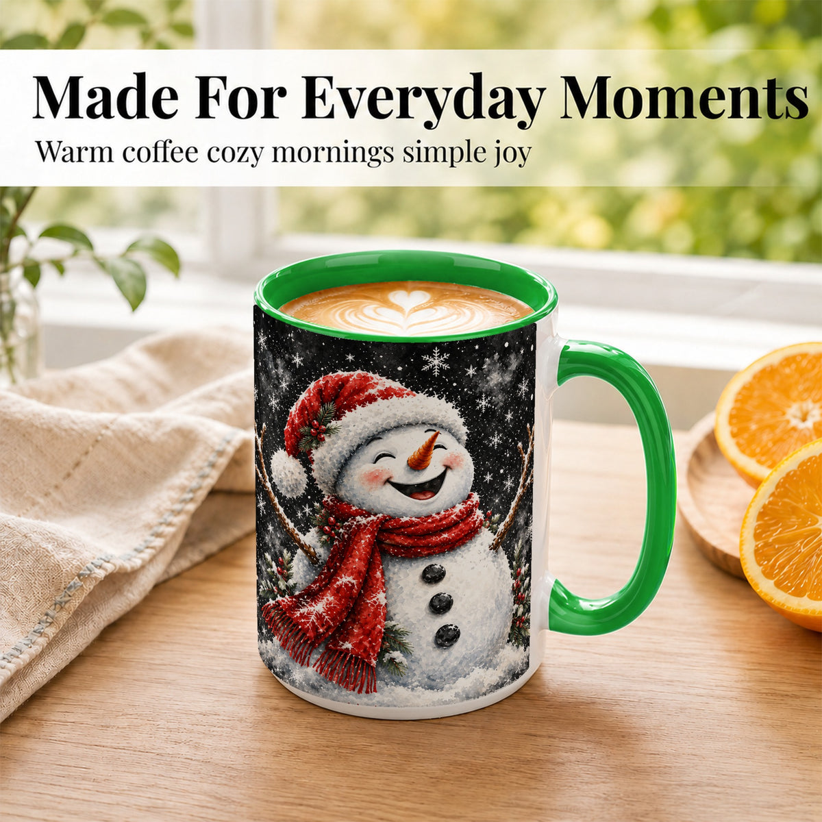 #pl[15oz|Green] Watercolor Snowman Coffee Mug, Red Scarf Winter Mug, Ceramic Cup