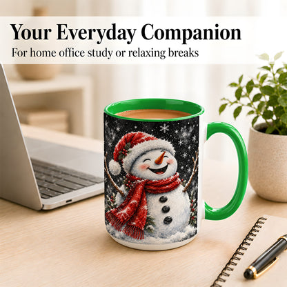 #pl[15oz|Green] Watercolor Snowman Coffee Mug, Red Scarf Winter Mug, Ceramic Cup