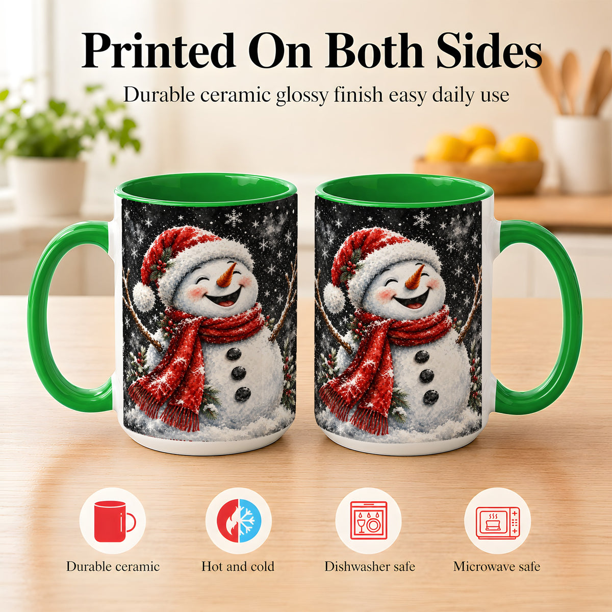 #pl[15oz|Green] Watercolor Snowman Coffee Mug, Red Scarf Winter Mug, Ceramic Cup