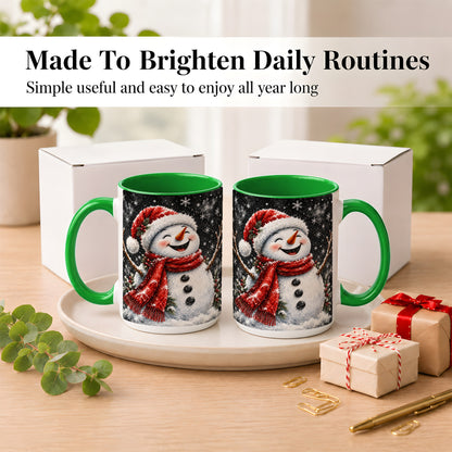 #pl[15oz|Green] Watercolor Snowman Coffee Mug, Red Scarf Winter Mug, Ceramic Cup