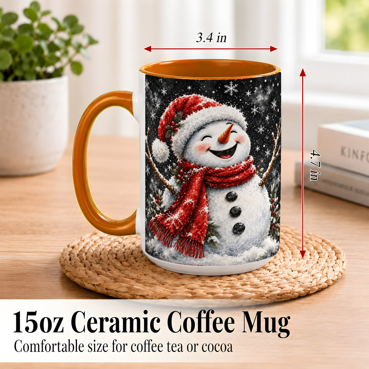 #pl[15oz|Orange] Watercolor Snowman Coffee Mug, Red Scarf Winter Mug, Ceramic Cup