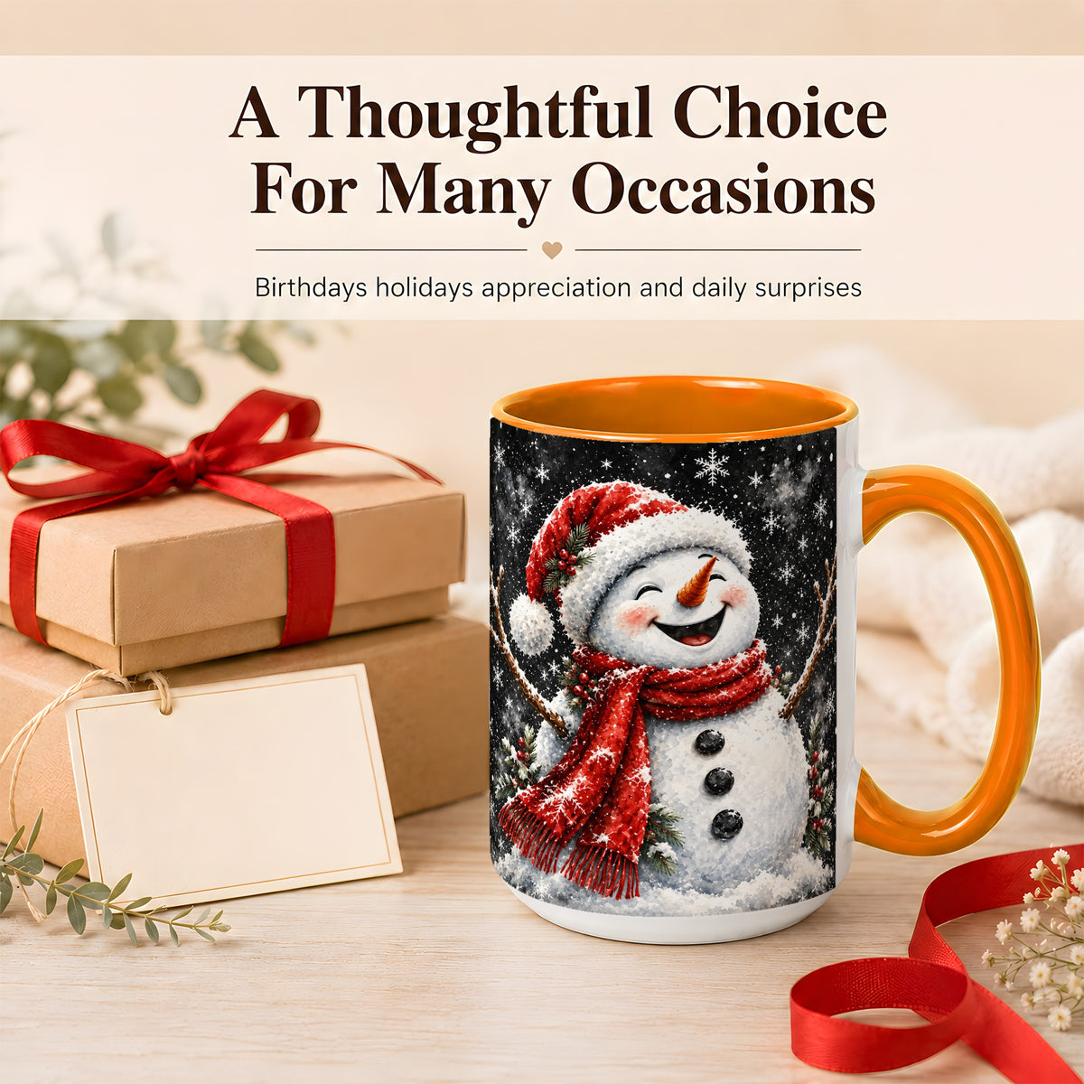 #pl[15oz|Orange] Watercolor Snowman Coffee Mug, Red Scarf Winter Mug, Ceramic Cup
