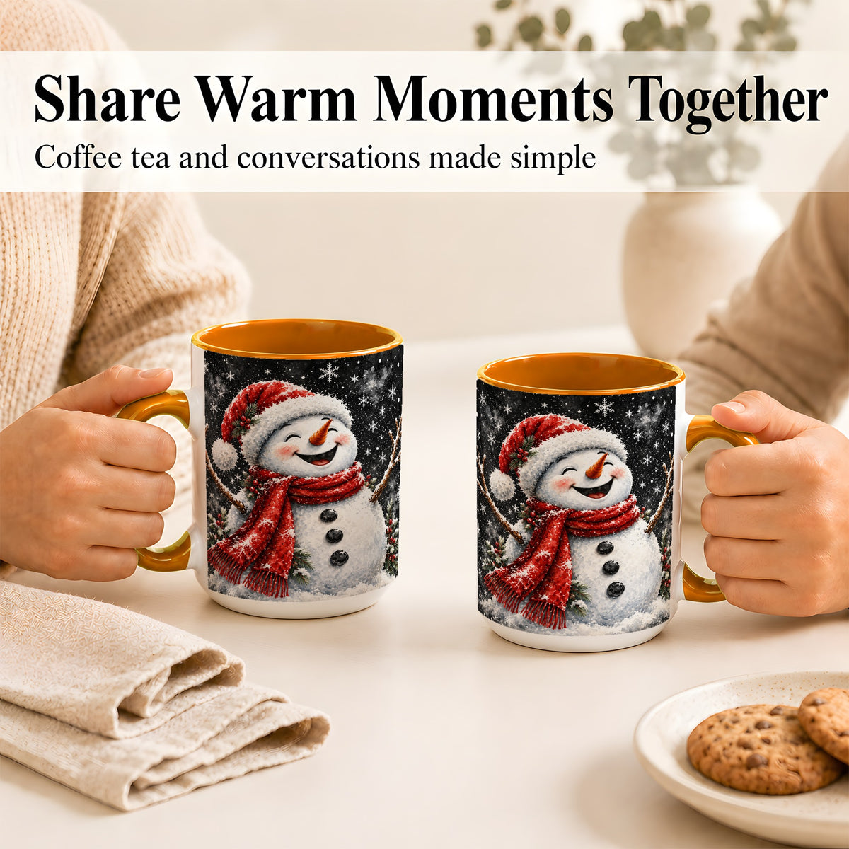 #pl[15oz|Orange] Watercolor Snowman Coffee Mug, Red Scarf Winter Mug, Ceramic Cup