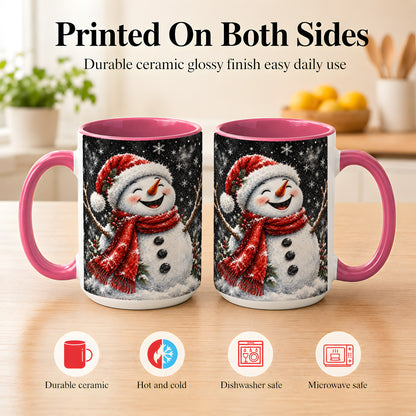 #pl[15oz|Pink] Watercolor Snowman Coffee Mug, Red Scarf Winter Mug, Ceramic Cup