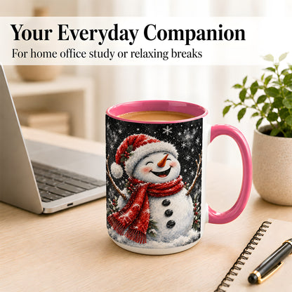 #pl[15oz|Pink] Watercolor Snowman Coffee Mug, Red Scarf Winter Mug, Ceramic Cup