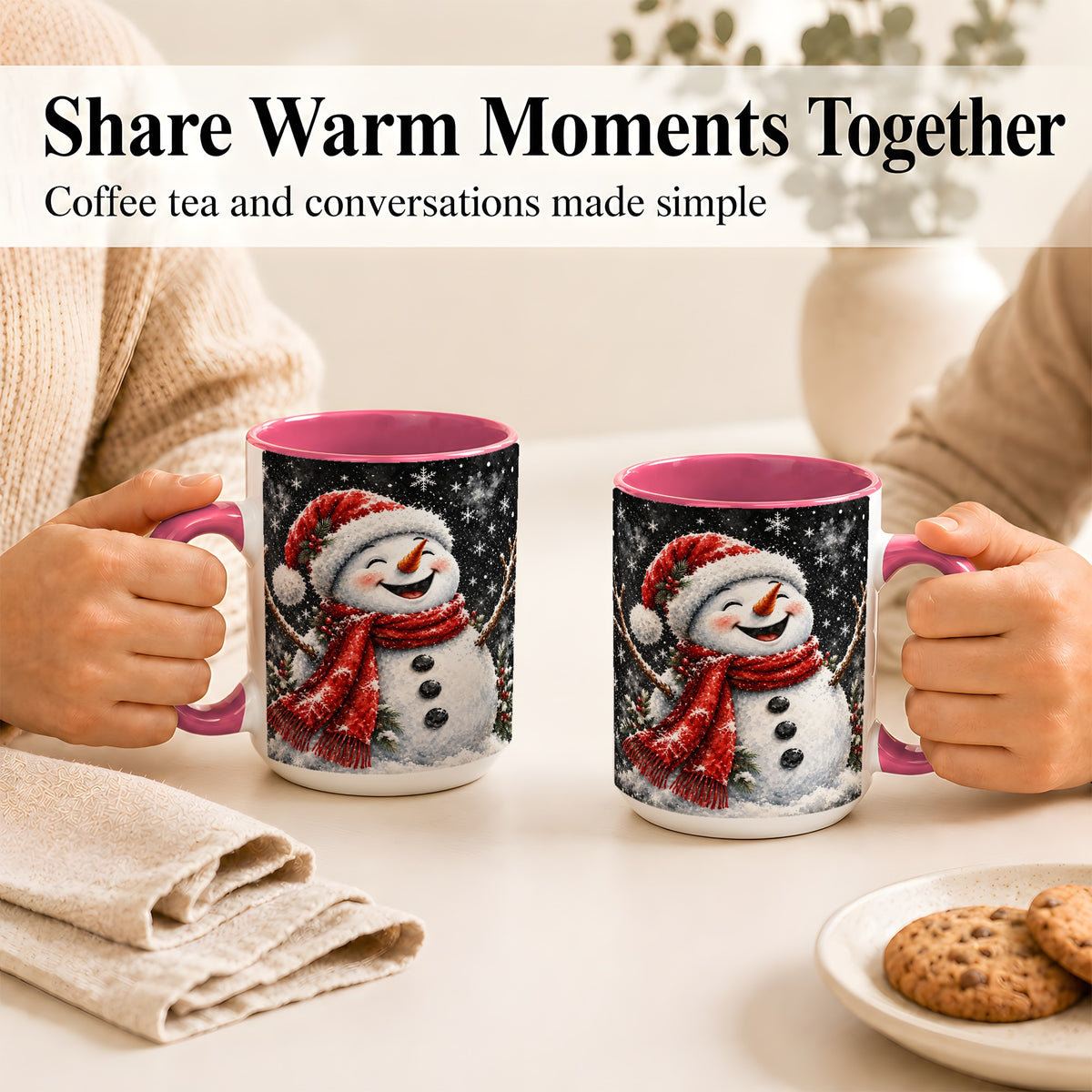 #pl[15oz|Pink] Watercolor Snowman Coffee Mug, Red Scarf Winter Mug, Ceramic Cup