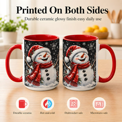 #pl[15oz|Red] Watercolor Snowman Coffee Mug, Red Scarf Winter Mug, Ceramic Cup