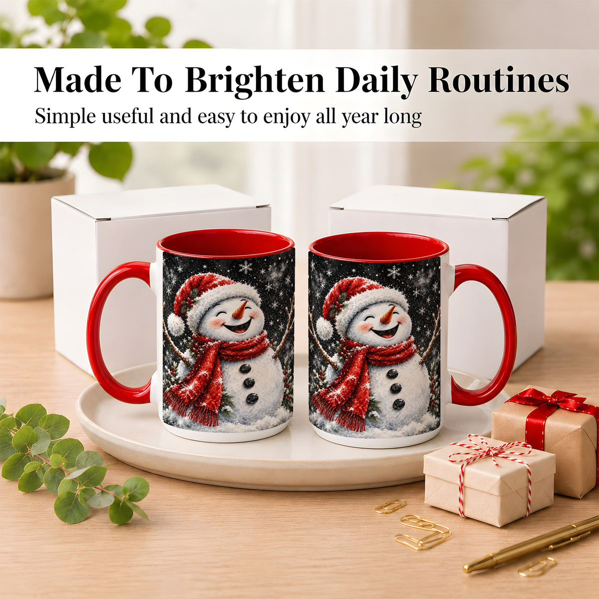 #pl[15oz|Red] Watercolor Snowman Coffee Mug, Red Scarf Winter Mug, Ceramic Cup