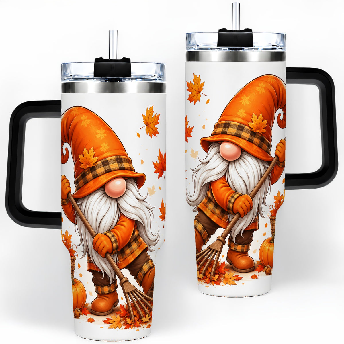 #pl[40oz|Black] Autumn Gnome 40oz Tumbler, Pumpkin Maple Leaves and Plaid Fall Artwork