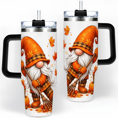 #pl[40oz|Black] Autumn Gnome 40oz Tumbler, Pumpkin Maple Leaves and Plaid Fall Artwork