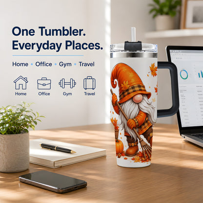 #pl[40oz|Black] Autumn Gnome 40oz Tumbler, Pumpkin Maple Leaves and Plaid Fall Artwork