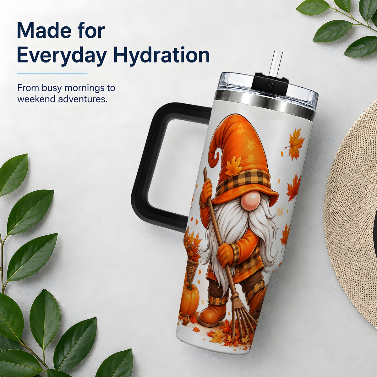 #pl[40oz|Black] Autumn Gnome 40oz Tumbler, Pumpkin Maple Leaves and Plaid Fall Artwork