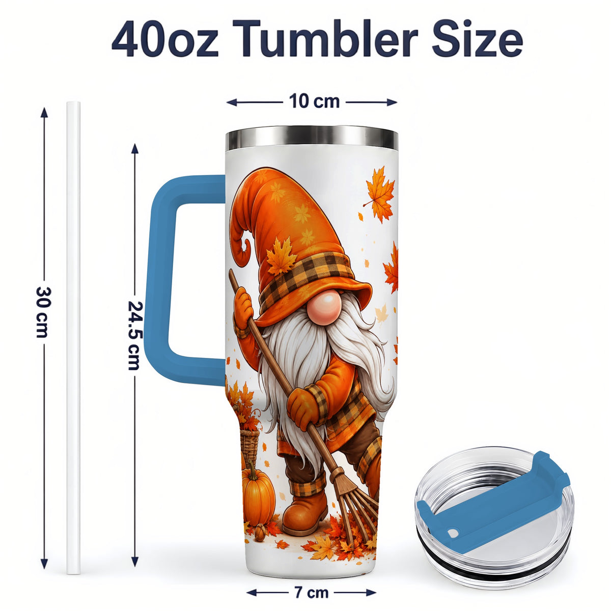 #pl[40oz|Blue] Autumn Gnome 40oz Tumbler, Pumpkin Maple Leaves and Plaid Fall Artwork