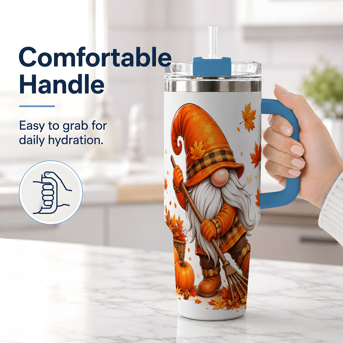 #pl[40oz|Blue] Autumn Gnome 40oz Tumbler, Pumpkin Maple Leaves and Plaid Fall Artwork