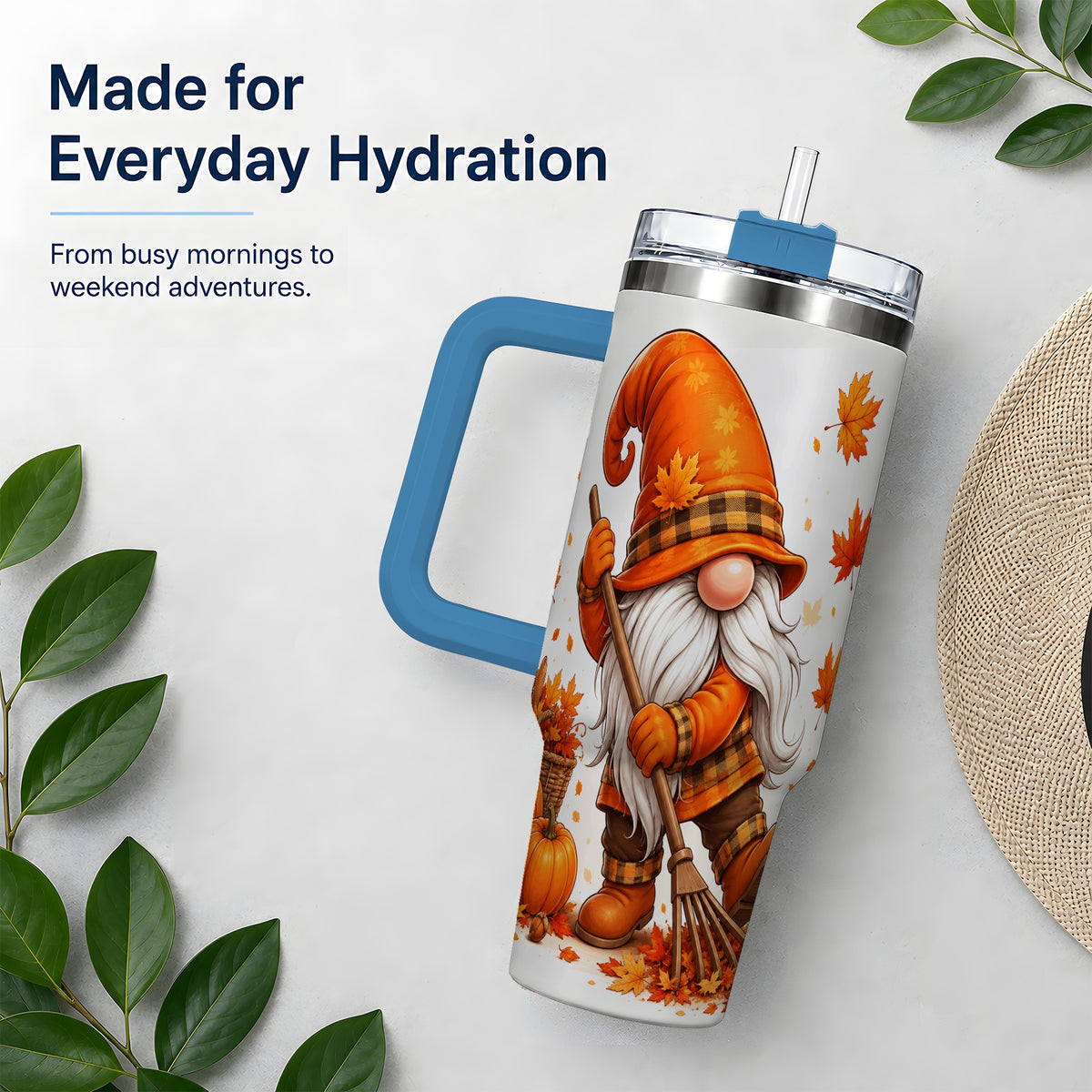#pl[40oz|Blue] Autumn Gnome 40oz Tumbler, Pumpkin Maple Leaves and Plaid Fall Artwork