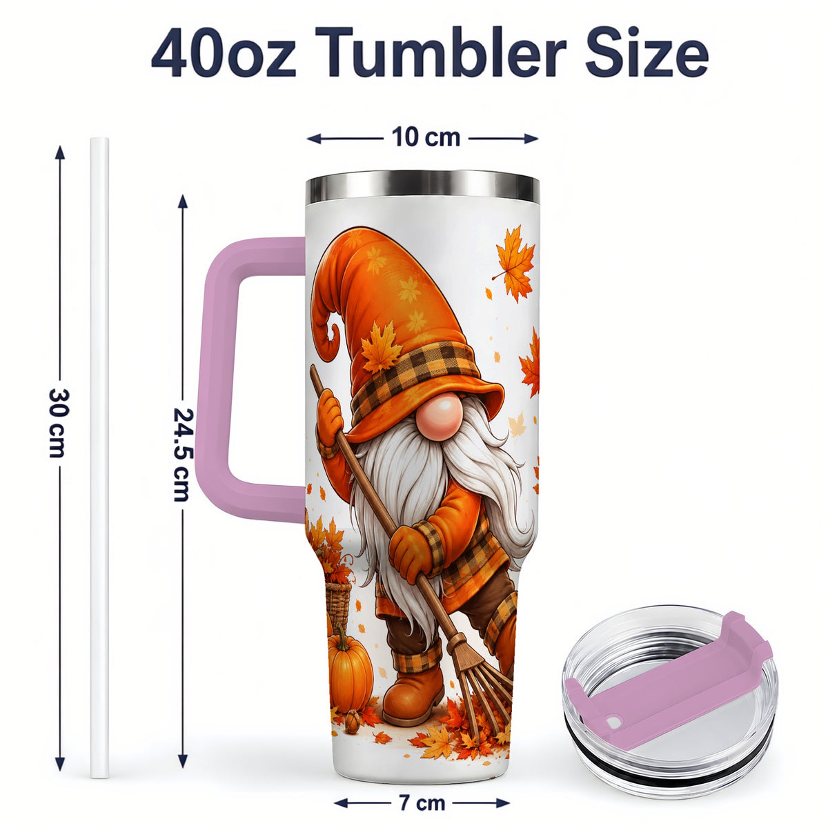 #pl[40oz|Pink] Autumn Gnome 40oz Tumbler, Pumpkin Maple Leaves and Plaid Fall Artwork