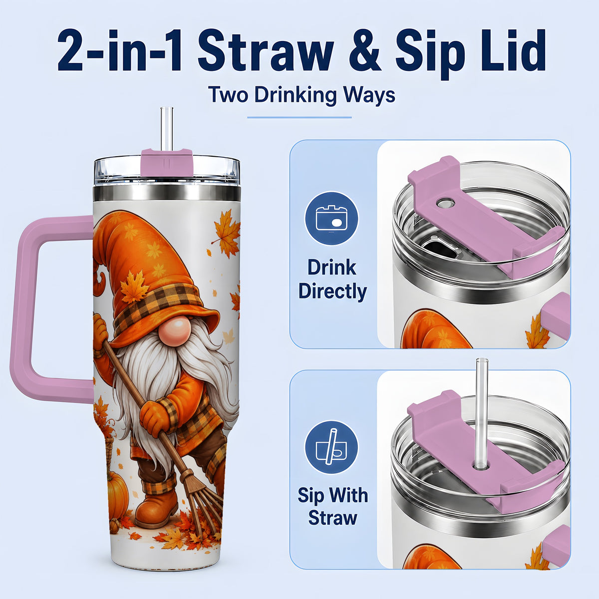 #pl[40oz|Pink] Autumn Gnome 40oz Tumbler, Pumpkin Maple Leaves and Plaid Fall Artwork