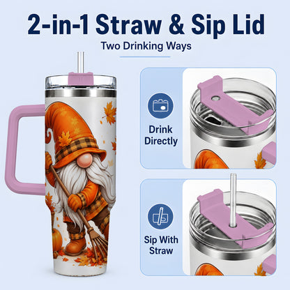 #pl[40oz|Pink] Autumn Gnome 40oz Tumbler, Pumpkin Maple Leaves and Plaid Fall Artwork