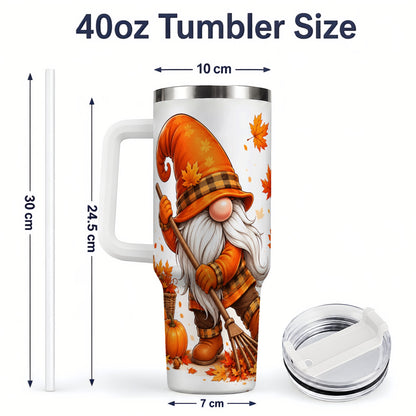 #pl[40oz|White] Autumn Gnome 40oz Tumbler, Pumpkin Maple Leaves and Plaid Fall Artwork