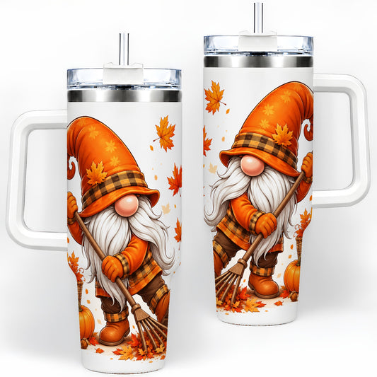 Autumn Gnome 40oz Tumbler, Pumpkin Maple Leaves and Plaid Fall Artwork