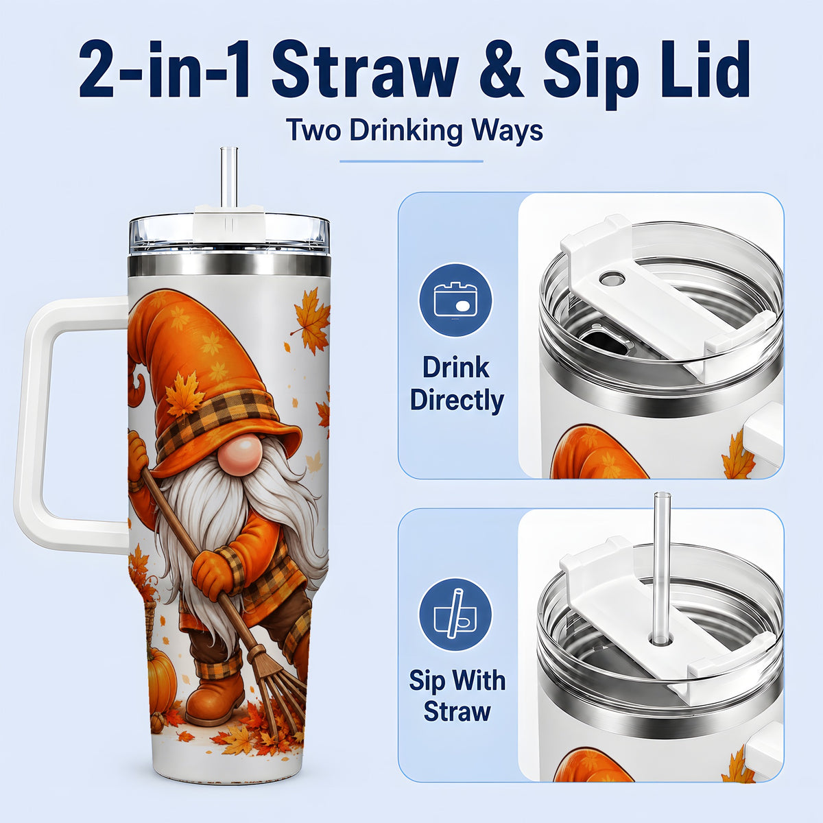 #pl[40oz|White] Autumn Gnome 40oz Tumbler, Pumpkin Maple Leaves and Plaid Fall Artwork