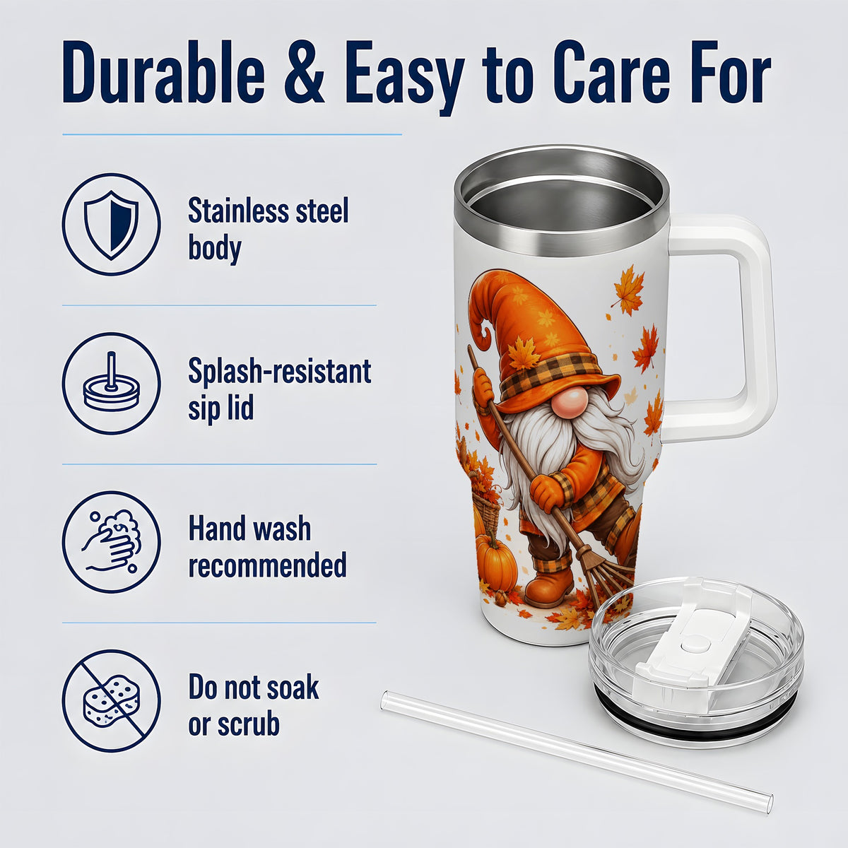 #pl[40oz|White] Autumn Gnome 40oz Tumbler, Pumpkin Maple Leaves and Plaid Fall Artwork