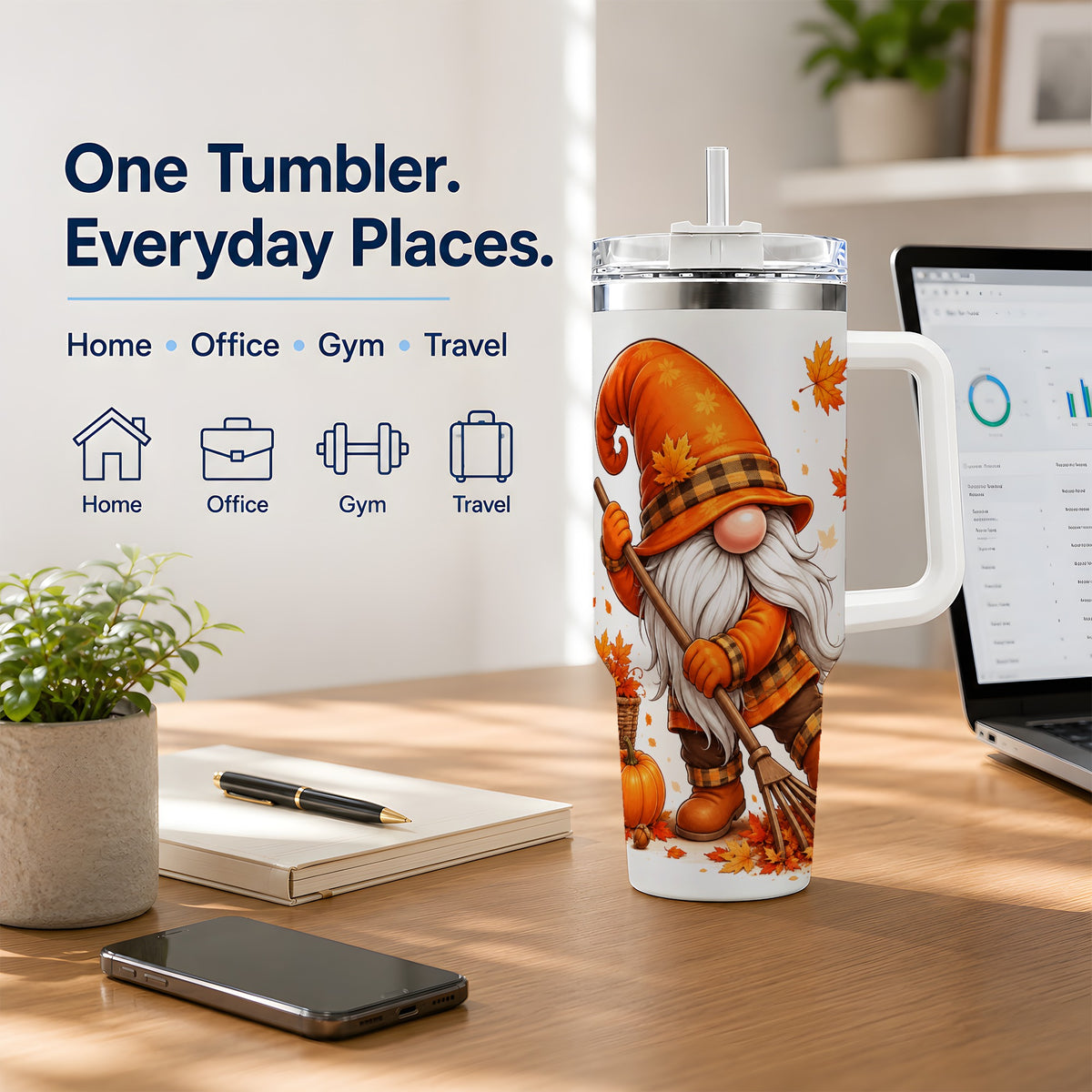 #pl[40oz|White] Autumn Gnome 40oz Tumbler, Pumpkin Maple Leaves and Plaid Fall Artwork