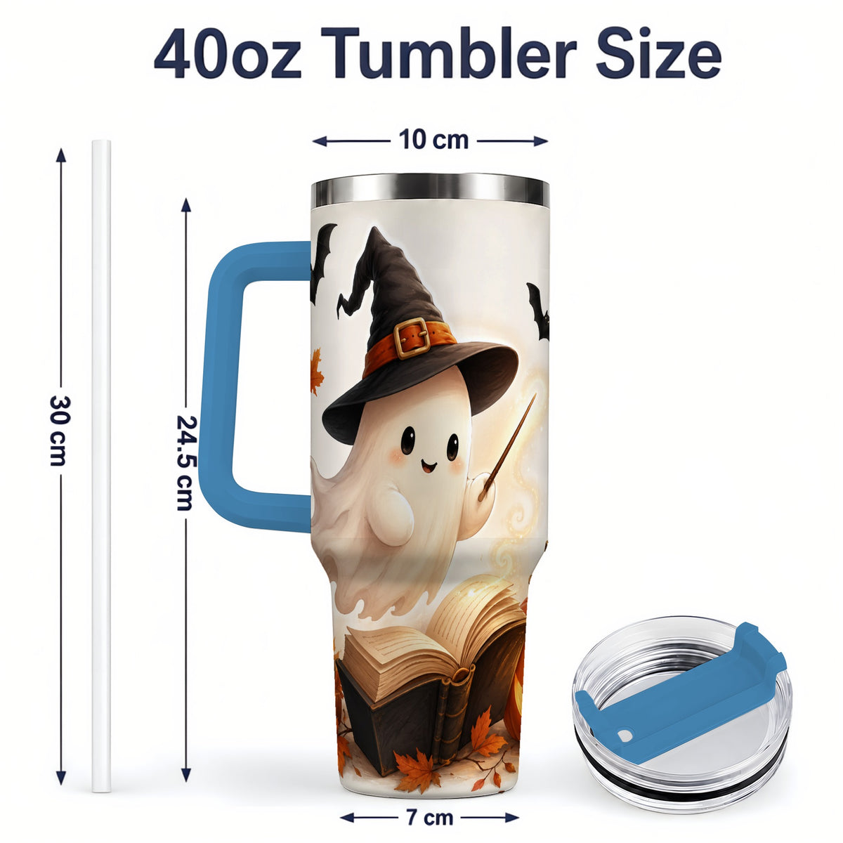 #pl[40oz|Blue] Halloween Ghost 40oz Tumbler, Witch Hat Pumpkin Bats and Book Artwork