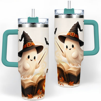 #pl[40oz|Green] Halloween Ghost 40oz Tumbler, Witch Hat Pumpkin Bats and Book Artwork