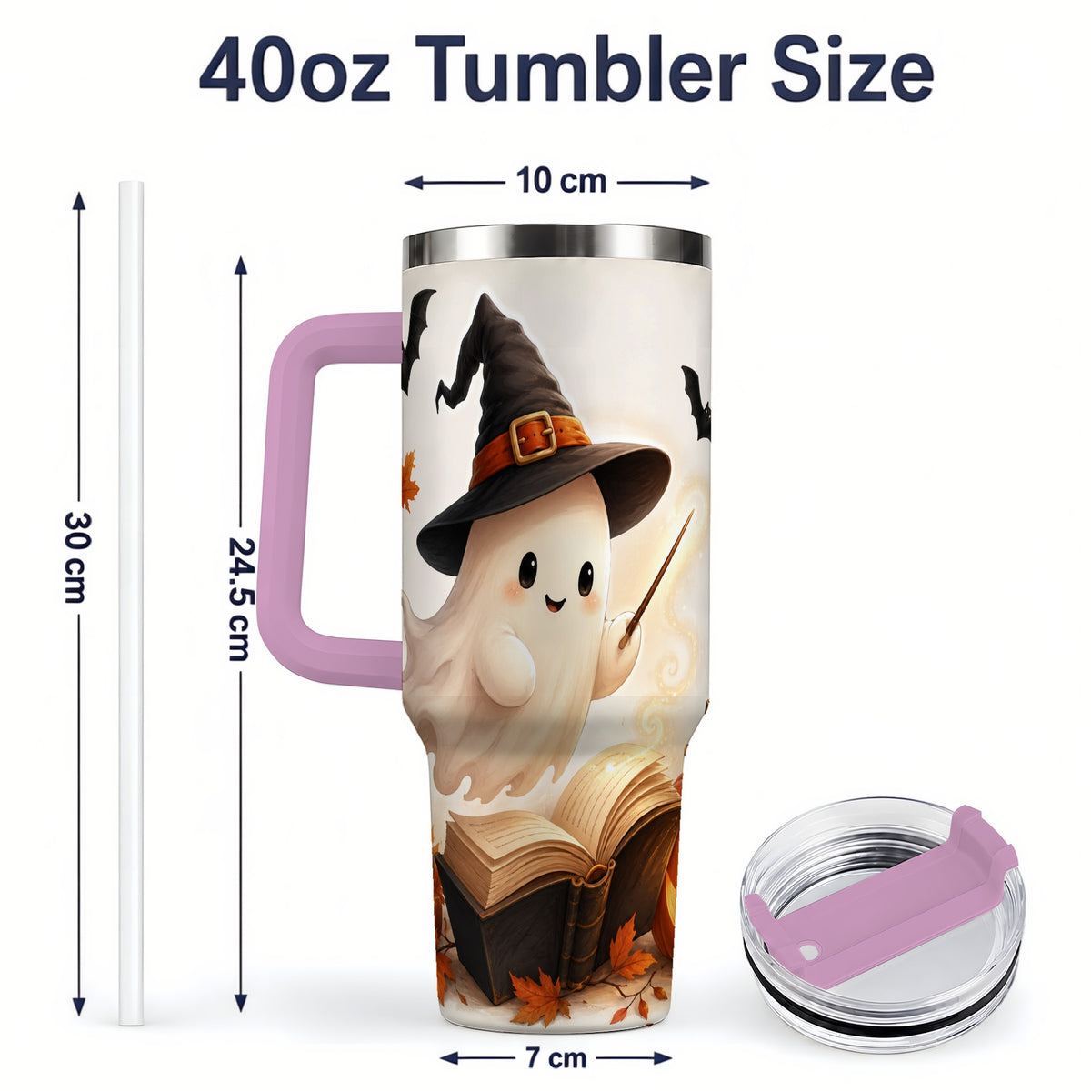 #pl[40oz|Pink] Halloween Ghost 40oz Tumbler, Witch Hat Pumpkin Bats and Book Artwork