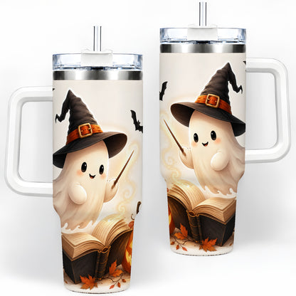 Halloween Ghost 40oz Tumbler, Witch Hat Pumpkin Bats and Book Artwork