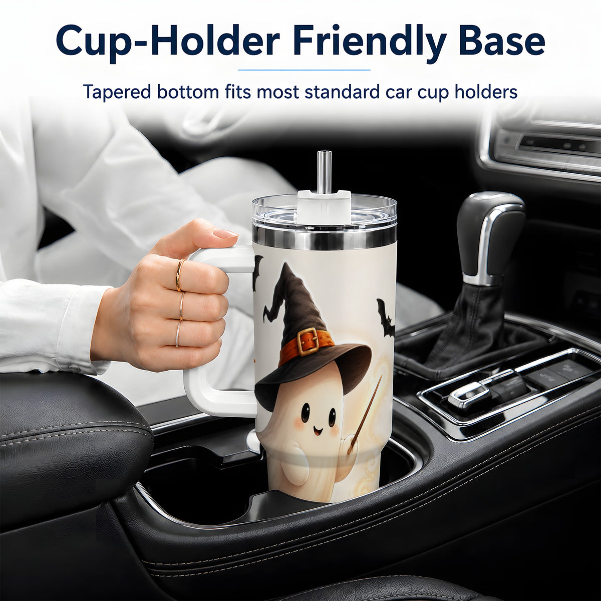 #pl[40oz|White] Halloween Ghost 40oz Tumbler, Witch Hat Pumpkin Bats and Book Artwork