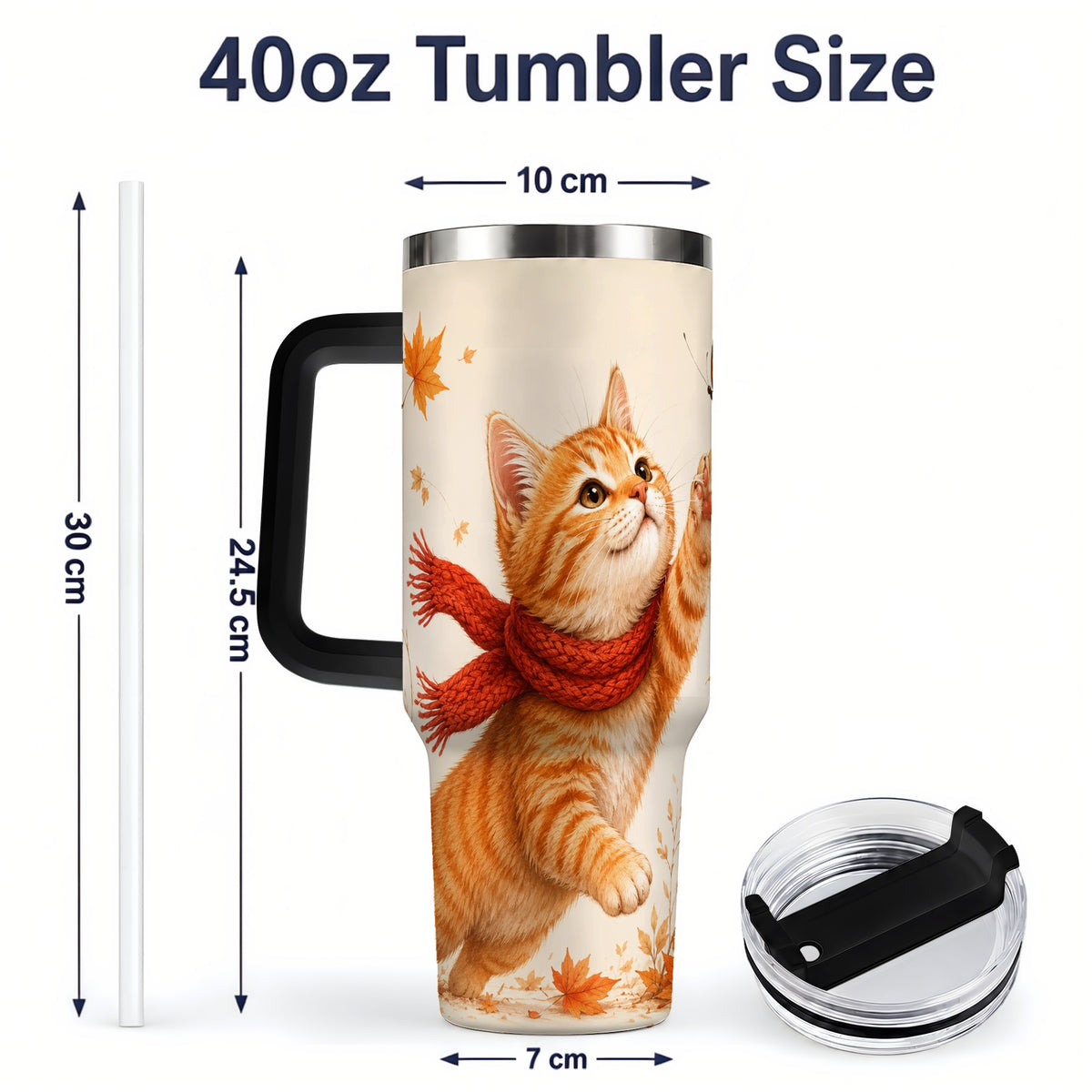 #pl[40oz|Black] Autumn Cat 40oz Tumbler, Orange Kitten Red Scarf Butterfly Artwork