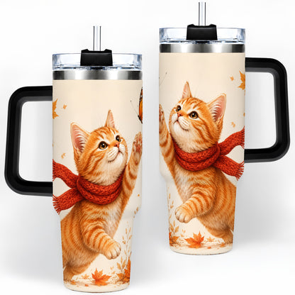 #pl[40oz|Black] Autumn Cat 40oz Tumbler, Orange Kitten Red Scarf Butterfly Artwork